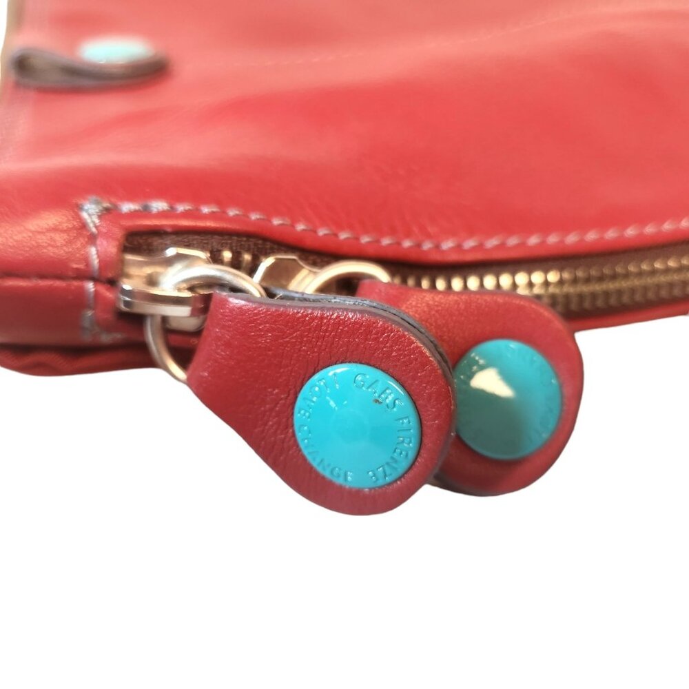 GABS Italian Red Leather Expandable Flat Shoulder Bag Turquoise Buttons - Picture 9 of 14